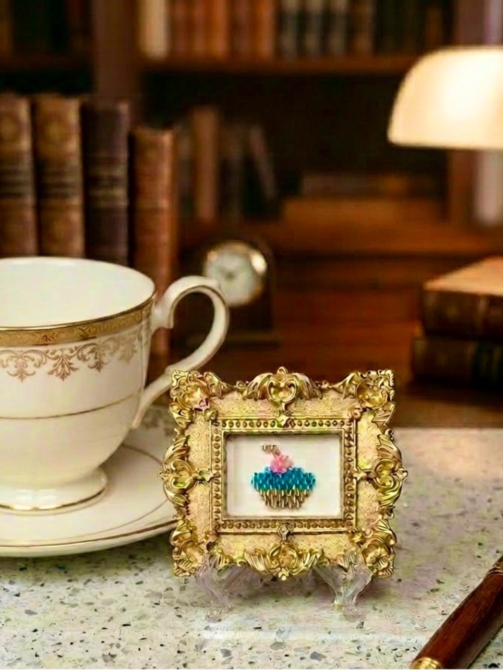 Mini Beaded Cupcake Art in Ornate Gold Frame - Picture 4 of 4